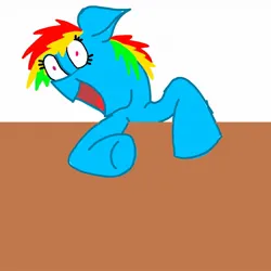 Size: 1280x1280 | Tagged: safe, artist:dhoniredfire, derpibooru import, rainbow dash, pony, 1000 hours in ms paint, image, jpeg, laughing, open mouth, satire, solo, table