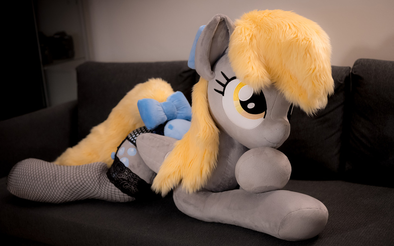 Size: 2000x1250 | Tagged: suggestive, artist:lanacraft, derpibooru import, derpy hooves, pegasus, pony, bow, clothes, female, image, irl, jpeg, lingerie, mare, photo, plushie, socks, solo, solo female, stockings, tail, tail bow, thigh highs