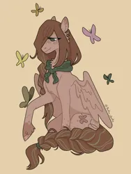 Size: 752x1000 | Tagged: safe, artist:cirsium, derpibooru import, oc, oc:butterfly (slasherwife), unofficial characters only, butterfly, insect, pegasus, pony, braid, brown mane, brown tail, cutie mark, image, markings, png, simple background, sitting, smiling, solo, tail