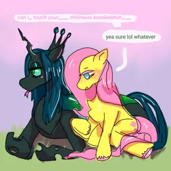 Size: 1280x1280 | Tagged: safe, artist:mossybranch, derpibooru import, fluttershy, queen chrysalis, changeling, changeling queen, pegasus, pony, chrysashy, duo, duo female, female, heart, heart eyes, image, leaning, lesbian, lying down, png, prone, shipping, shy, text, tongue out, wingding eyes