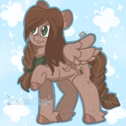 Size: 1000x1000 | Tagged: safe, artist:sm0l_b0i_kevin, derpibooru import, oc, oc:butterfly (slasherwife), unofficial characters only, butterfly, insect, pegasus, pony, abstract background, blue background, brown mane, green eyes, image, png, raised hoof, simple background, solo, wings