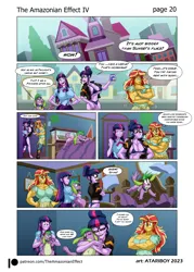 Size: 2726x3802 | Tagged: suggestive, artist:atariboy2600, artist:bluecarnationstudios, derpibooru import, sci-twi, spike, sunset shimmer, twilight sparkle, dog, human, comic:the amazonian effect, comic:the amazonian effect iv, equestria girls, ass, breasts, buff breasts, busty sunset shimmer, butt, clothes, comic, eyes closed, female, flexing, grin, image, jacket, muscles, muscular female, open mouth, png, sci-twi's house, smiling, spike the dog, sunset lifter, twibutt