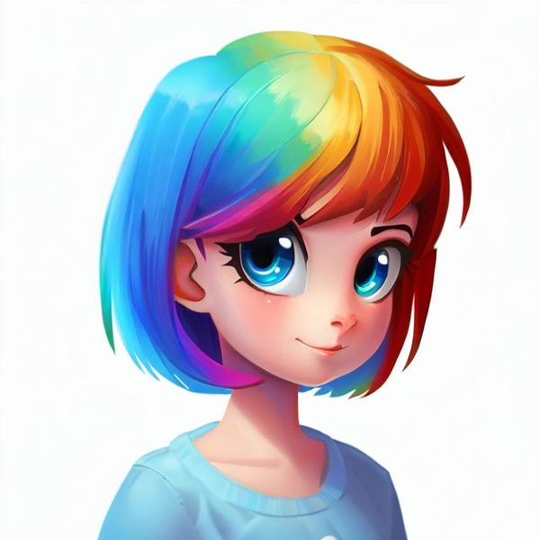 Size: 1000x1000 | Tagged: safe, derpibooru import, machine learning generated, stable diffusion, rainbow dash, human, bobcut, bust, child, clothes, humanized, image, jpeg, looking at you, portrait, shirt, short hair, simple background, smiling, smiling at you, solo, t-shirt, white background, wrong eye color, younger