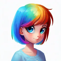 Size: 1000x1000 | Tagged: safe, derpibooru import, machine learning generated, stable diffusion, rainbow dash, human, bobcut, bust, child, clothes, humanized, image, jpeg, looking at you, portrait, shirt, short hair, simple background, smiling, smiling at you, solo, t-shirt, white background, wrong eye color, younger