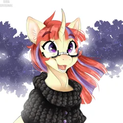 Size: 552x552 | Tagged: safe, artist:kidaoriginal, derpibooru import, moondancer, pony, unicorn, adorkable, bust, clothes, cute, dork, glasses, image, open mouth, png, portrait, smiling, solo, sweater