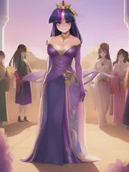 Size: 2040x2720 | Tagged: safe, derpibooru import, editor:sammykun, machine learning generated, novelai, stable diffusion, twilight sparkle, human, background human, breasts, busty twilight sparkle, cleavage, clothes, crown, dress, female, gloves, humanized, image, jewelry, jpeg, long sleeves, looking at you, necklace, reasonably sized breasts, regalia, solo focus, uni dream ai