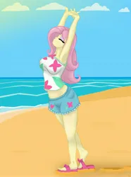 Size: 2784x3736 | Tagged: safe, artist:lennondash, derpibooru import, fluttershy, equestria girls, equestria girls series, spring breakdown, spoiler:eqg series (season 2), armpits, beach, breasts, busty fluttershy, eyes closed, feet, female, footprint, geode of fauna, heel pop, image, jpeg, magical geodes, midriff, ocean, sandals, solo, stretching, sunbathing, water