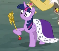 Size: 638x550 | Tagged: safe, derpibooru import, screencap, discord, twilight sparkle, twilight sparkle (alicorn), alicorn, pony, princess twilight sparkle (episode), clothes, cropped, crown, image, jewelry, jpeg, meme origin, regalia, robe, royalty, scepter, twilight scepter