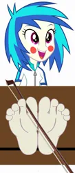 Size: 1080x2485 | Tagged: safe, artist:weyantonio26, derpibooru import, octavia melody, vinyl scratch, barefoot, blushing, bow (instrument), feet, fetish, foot fetish, foot focus, image, jpeg, laughing, musical instrument, offscreen character, offscreen human, open mouth, soles, stocks, tickle fetish, tickle torture, tickling, toes, violin, violin bow