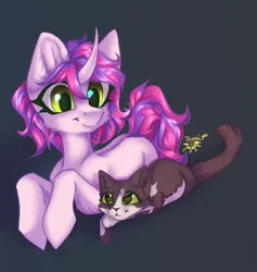 Size: 3018x3181 | Tagged: safe, artist:jsunlight, derpibooru import, oc, unofficial characters only, cat, pony, unicorn, curved horn, gradient background, horn, image, lying down, png, prone, smiling, solo