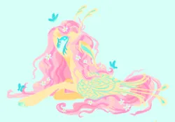 Size: 1280x898 | Tagged: safe, artist:webkinzworldz, derpibooru import, fluttershy, butterfly, insect, pegasus, pony, antenna, antennae, blue background, image, png, simple background, solo