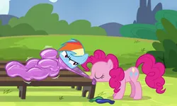 Size: 1202x720 | Tagged: suggestive, edit, edited screencap, editor:anonymous, screencap, pinkie pie, rainbow dash, earth pony, pegasus, pony, season 4, testing testing 1-2-3, /mlp/ latex requests, angry, balloon, bench, blue coat, bondage, bound, cutie mark, duo, encasement, eyes closed, female, frown, image, jpeg, latex, looking at someone, lying down, mare, mouth hold, multicolored mane, nose wrinkle, on back, outdoors, pink coat, pink mane, pink tail, purple eyes, shivering, side view, smiling, struggling