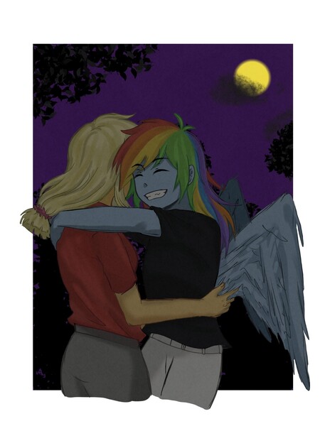 Size: 1536x2048 | Tagged: safe, artist:mintkw, derpibooru import, applejack, rainbow dash, human, equestria girls, appledash, duo, female, hug, humanized, image, jpeg, lesbian, moon, night, shipping, winged humanization, wings