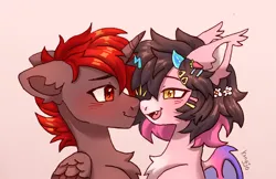 Size: 2655x1719 | Tagged: safe, artist:konejo, derpibooru import, oc, oc:hardy, oc:key mash, alicorn, bat pony, pony, blushing, boop, chest fluff, ear fluff, female, image, looking at each other, looking at someone, male, mare, noseboop, oc x oc, png, shipping, smiling, stallion, straight
