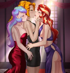 Size: 1970x2048 | Tagged: suggestive, artist:thebrokencog, derpibooru import, adagio dazzle, princess celestia, sunset shimmer, human, equestria girls, age difference, ball, big breasts, black dress, breasts, busty adagio dazzle, busty princess celestia, busty sunset shimmer, butt, butt touch, clothes, commission, crack shipping, dress, drool, eyes closed, eyeshadow, female, females only, french kiss, grinding, group sex, hand on butt, hand on face, hand on hip, image, kiss mark, kissing, lesbian, lipstick, little black dress, makeup, minidress, neck kiss, png, polyamory, principal celestia, sex, sexy, shipping, side slit, side view, sideboob, sloppy kissing, sultry pose, sunsagilestia, sunsagio, threesome, tongue out, tongue play, trio, trio female