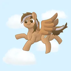 Size: 2048x2048 | Tagged: safe, artist:zugatti69, derpibooru import, oc, unofficial characters only, pegasus, pony, blue background, brown eyes, brown hair, brown mane, flying, image, png, signature, simple background, smiling