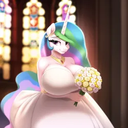 Size: 640x640 | Tagged: suggestive, derpibooru import, machine learning generated, novelai, stable diffusion, princess celestia, anthro, bedroom eyes, big breasts, bouquet, breasts, busty princess celestia, cleavage, clothes, dress, female, flower, huge breasts, image, looking at you, marriage, png, smiling, solo, wedding, wedding dress