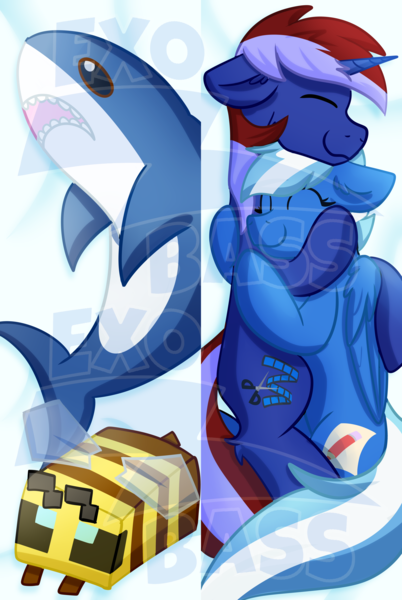 Size: 6330x9449 | Tagged: safe, artist:exobass, derpibooru import, oc, bee, insect, pegasus, shark, unicorn, blåhaj, body pillow, image, minecaft bee, minecraft, plushie, png, shark plushie