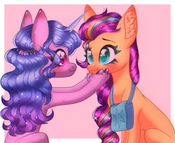 Size: 2097x1718 | Tagged: safe, artist:ssoftwishess, derpibooru import, idw, izzy moonbow, sunny starscout, earth pony, pony, unicorn, g5, spoiler:comic, spoiler:g5comic, bag, bracelet, cloven hooves, duo, ear fluff, female, friendship bracelet, heart, heart eyes, image, jewelry, looking at each other, looking at someone, mare, pink background, png, saddle bag, scene interpretation, shiny, shipping fuel, simple background, smiling, sparkles, wingding eyes