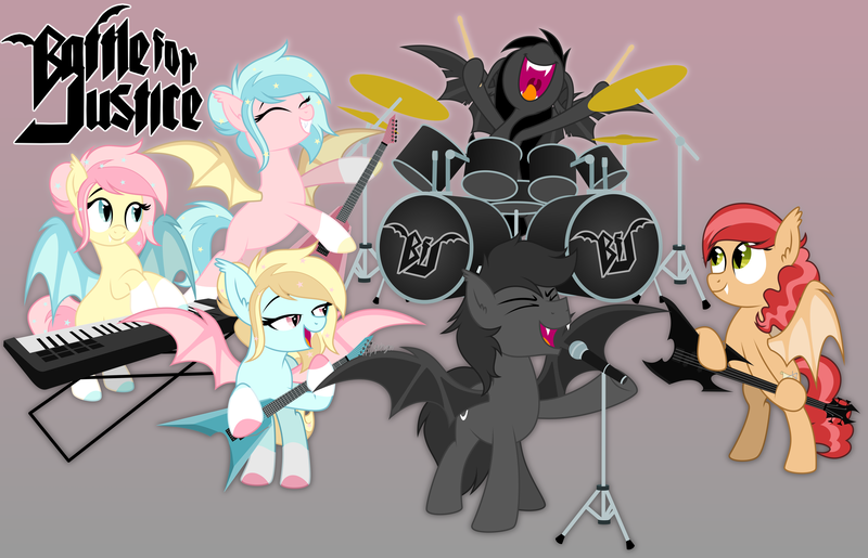 Size: 5604x3606 | Tagged: safe, artist:feather_bloom, artist:kaitykat117, derpibooru import, oc, oc:cinazra, oc:compass rose(kaitykat), oc:echo slash, oc:linazra, oc:minazra, oc:shadow streak(kaitykat), bat pony, undead, vampire, vampony, zombie, band, bass guitar, battle for justice, collaboration, drums, electric guitar, fangs, gradient background, guitar, image, keyboard, long hair, metal band, microphone, musical instrument, open mouth, piano, playing instrument, png, singing, spread wings, standing on two hooves, wings