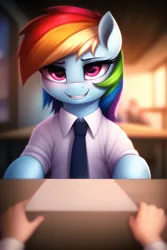Size: 2048x3072 | Tagged: safe, derpibooru import, machine learning generated, novelai, stable diffusion, rainbow dash, human, pegasus, pony, blurry background, clothes, cute, female, female focus, image, indoors, interview, jpeg, looking at you, mare, necktie, offscreen character, offscreen human, paper, pov, shirt, sitting, smiling, smiling at you, solo focus, table