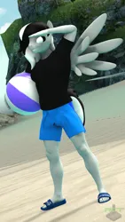 Size: 1080x1920 | Tagged: safe, artist:ray cyber tech, derpibooru import, oc, oc:sound shock, anthro, pegasus, plantigrade anthro, 3d, beach, beach ball, clothes, flip flops, image, jpeg, male, shirt, shorts, solo, watermark