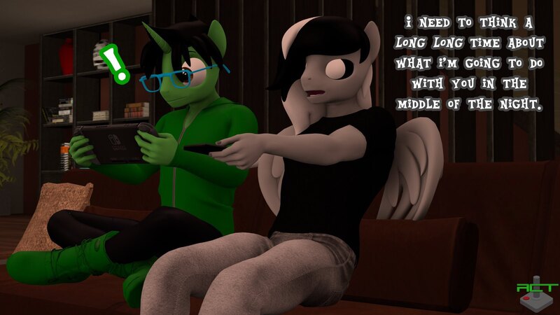 Size: 1920x1080 | Tagged: safe, artist:ray cyber tech, derpibooru import, oc, oc:ray cyber tech, oc:sound shock, anthro, pegasus, plantigrade anthro, unicorn, 3d, clothes, couch, dialogue, exclamation point, glasses, hoodie, image, jpeg, male, meme, nintendo switch, pants, remote control, shirt, shoes, surprised, the fesh pince of blair 2, watermark