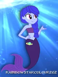 Size: 768x1024 | Tagged: safe, artist:rainbowstarcolour262, derpibooru import, space camp (character), human, mermaid, equestria girls, bare shoulders, belly button, braid, cutie mark, female, fish tail, hand on hip, image, mermaid tail, mermaidized, png, solo, space camp, species swap, strapless bra, tail, underwater, water