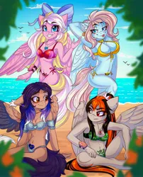 Size: 4000x4960 | Tagged: suggestive, artist:falafeljake, derpibooru import, oc, oc:alexus nictivia, oc:bay breeze, oc:cannon car, oc:lusty symphony, unofficial characters only, anthro, pegasus, unguligrade anthro, absolute cleavage, adorasexy, beach, bedroom eyes, bikini, blushing, bow, breasts, cleavage, clothes, commission, cute, ear piercing, earring, female, females only, hair bow, heterochromia, image, island, jewelry, jpeg, looking at you, necklace, piercing, ponytail, sexy, swimsuit, tattoo, wings, womb tattoo