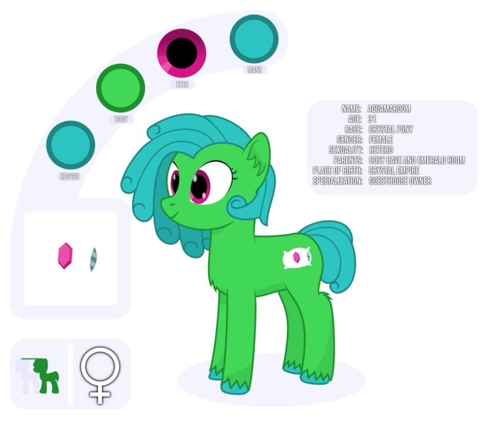 Size: 4213x3719 | Tagged: safe, artist:mrkm, derpibooru import, oc, oc:aquamaroom, unofficial characters only, crystal pony, pony, crystal pony oc, cutie mark, female, female symbol, full body, image, mare, png, reference sheet, simple background, size comparison, smiling, solo, transparent background, unshorn fetlocks