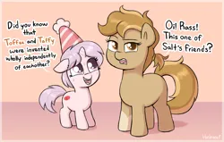 Size: 2885x1830 | Tagged: safe, artist:heretichesh, derpibooru import, oc, oc:peanut toffy, oc:red pill, pony, birthday hats, british, facts, female, filly, foal, image, looking offscreen, nervous, offscreen character, png, sweat