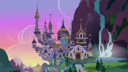 Size: 1280x720 | Tagged: safe, derpibooru import, the crystal empire, the ending of the end, the summer sun setback, canterlot, canterlot castle, castle, dusk, evening, image, no pony, png, sunset