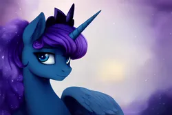 Size: 1920x1280 | Tagged: safe, derpibooru import, editor:dovakkins, machine learning generated, stable diffusion, princess luna, alicorn, pony, abstract background, bust, cloud, cloudy, derpibooru exclusive, ear fluff, ethereal mane, feather, female, galaxy mane, image, jewelry, missing accessory, one wing out, png, regalia, sky, smiling, solo, stars, wavy mane, wings