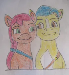 Size: 1280x1397 | Tagged: safe, artist:codetski101, derpibooru import, hitch trailblazer, sunny starscout, earth pony, pony, g5, duo, duo male and female, female, image, jpeg, looking at each other, looking at someone, male, mare, shipping, simple background, smiling, stallion, straight, sunnyhitch, white background