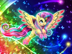 Size: 1800x1350 | Tagged: safe, artist:darksly, derpibooru import, fluttershy, butterfly, insect, pegasus, pony, cute, female, flying, image, jpeg, mare, open mouth, open smile, rainbow power, shyabetes, smiling, solo