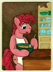 Size: 1280x1741 | Tagged: safe, artist:writtenwaiver, derpibooru import, pinkie pie, earth pony, pony, apron, baking, bipedal, bowl, bubble berry, clothes, facial hair, goatee, image, jpeg, kitchen, rule 63, solo, spoon, traditional art