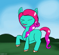 Size: 500x474 | Tagged: safe, artist:the crystal artist, derpibooru import, earth pony, pony, g5, animated, bush, cloud, cute, dancing, derpibooru exclusive, eyes closed, female, gif, hoof polish, image, imgflip, jazz hooves, jazzibetes, mare, missing accessory, no shading, open mouth, raised hoof, raised hooves, sky, solo, there was an attempt