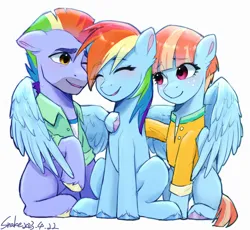 Size: 2500x2300 | Tagged: safe, artist:xiaowu07, derpibooru import, bow hothoof, rainbow dash, windy whistles, pegasus, pony, blushing, clothes, eye clipping through hair, eyebrows, eyebrows visible through hair, eyes closed, family, father and child, father and daughter, female, folded wings, freckles, g4, high res, hug, image, male, mare, mother and child, mother and daughter, open mouth, open smile, png, rainbow dash's parents, signature, simple background, sitting, smiling, stallion, trio, white background, winghug, wings