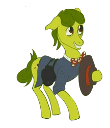 Size: 1024x1183 | Tagged: safe, artist:taffy, derpibooru import, oc, oc:weekend hussler, unofficial characters only, earth pony, pony, fallout equestria, bag, bowtie, clothes, con artist, grin, hat, image, looking up, male, png, saddle bag, shirt, simple background, smiling, solo, stallion, tail, transparent background