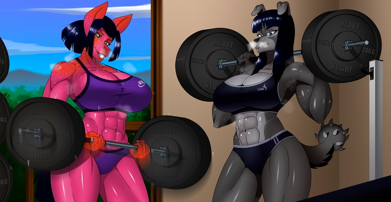 Size: 3200x1655 | Tagged: suggestive, artist:chacrawarrior, derpibooru import, oc, oc:morgan graywacke, oc:sugar strike, unofficial characters only, anthro, diamond dog, digitigrade anthro, earth pony, pony, unguligrade anthro, abs, anthro oc, big breasts, breasts, cleavage, clothes, commission, diamond dog oc, digital art, earth pony oc, female, female diamond dog, females only, friends, gift art, grin, image, jpeg, mare, muscles, muscular female, smiling, sports bra, sweat, weight lifting, weights, workout, workout outfit