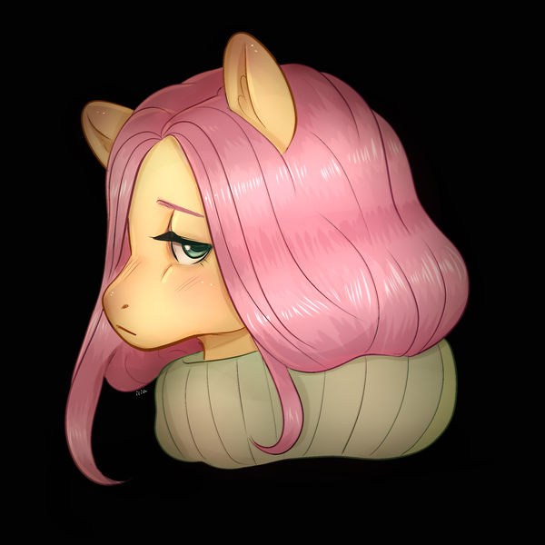 Size: 1280x1280 | Tagged: safe, artist:ilia--art, derpibooru import, fluttershy, pegasus, pony, black background, bust, clothes, female, image, lidded eyes, looking at you, mare, png, profile, simple background, solo, sweater, turtleneck