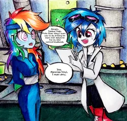 Size: 917x872 | Tagged: safe, artist:liaaqila, derpibooru import, rainbow dash, vinyl scratch, equestria girls, clothes, commission, goggles, headband, hypnosis, image, jpeg, lab coat, laboratory, mind control, scientist, speech bubble, spy catsuit, swirly eyes, tech control