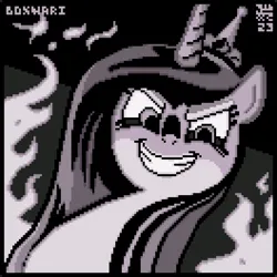 Size: 1056x1056 | Tagged: safe, artist:boxwari, derpibooru import, princess cadance, queen chrysalis, alicorn, pony, disguise, disguised changeling, fake cadance, fire, grin, image, looking at you, monochrome, pixel art, png, sinister smile, smiling, smiling at you, solo