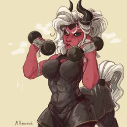 Size: 1080x1080 | Tagged: safe, artist:anoraknr, derpibooru import, lord tirek, centaur, taur, breasts, busty lady tirek, dumbbell (object), female, hand wraps, image, jpeg, lady tirek, muscles, muscular female, rule 63, signature, solo, sweat, weight lifting, weights, workout, workout outfit