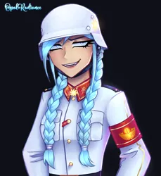 Size: 2596x2840 | Tagged: safe, artist:opal_radiance, derpibooru import, oc, oc:opal rosamond, unofficial characters only, human, barely pony related, clothes, helmet, humanized, image, obligatory pony, png, solar empire, solarist, solo, uniform