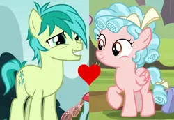 Size: 972x668 | Tagged: safe, derpibooru import, edit, edited screencap, screencap, cozy glow, ocellus, sandbar, earth pony, pegasus, pony, marks for effort, school daze, age difference, colt, cozybar, female, filly, foal, heart, image, male, png, shipping, shipping domino, smiling, straight, teenager