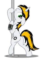 Size: 3877x5522 | Tagged: safe, artist:equestria secret guard, derpibooru import, oc, oc:446, unofficial characters only, pony, unicorn, fallout equestria, butt, fallout, female, horn, image, jewelry, looking at you, mare, pipbuck, plot, png, pole, pole dancing, sexy, simple background, stripper pole, transparent background, unicorn oc