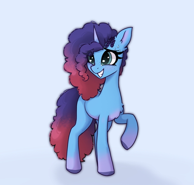 Size: 1950x1860 | Tagged: safe, artist:_alixxie_, derpibooru import, pony, g5, blue background, cornrows, image, jpeg, misty brightdawn, nervous, quadrupedal, raised hoof, simple background, solo, sweat, sweatdrop, toy interpretation