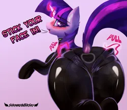 Size: 1725x1496 | Tagged: suggestive, artist:shepardinthesky, derpibooru import, twilight sparkle, unicorn, dialogue, gradient background, heart, heart eyes, image, implied facesitting, latex, latex suit, looking at you, looking back, looking back at you, magic, png, presenting, pulling, rear view, solo, telekinesis, telekinetic wedgie, unicorn twilight, wingding eyes, wip