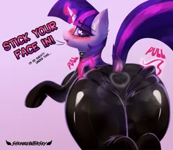 Size: 1725x1496 | Tagged: suggestive, artist:shepardinthesky, derpibooru import, twilight sparkle, unicorn, dialogue, gradient background, heart, heart eyes, image, implied facesitting, latex, latex suit, looking at you, looking back, looking back at you, magic, musk, png, presenting, pulling, rear view, solo, telekinesis, telekinetic wedgie, unicorn twilight, wingding eyes